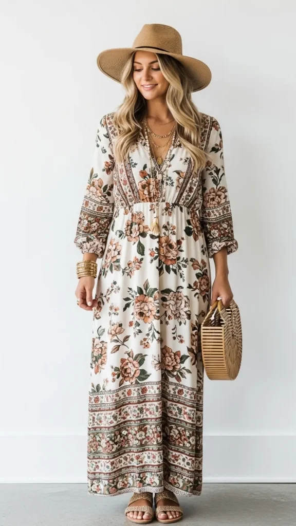 Floral Maxi Dress with Floppy Hat and Sandals