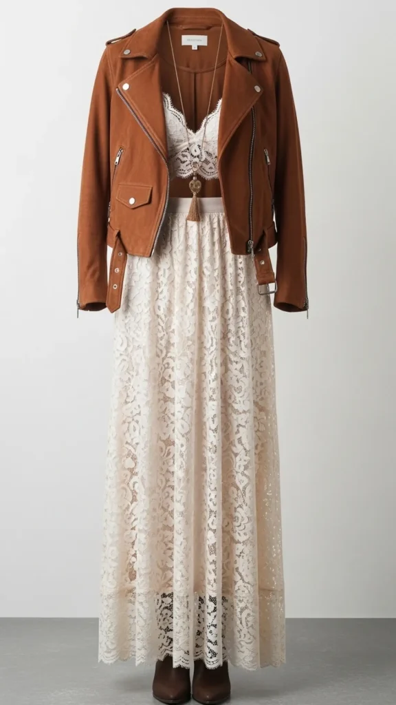 Lace Maxi Skirt with Bralette and Suede Jacket
