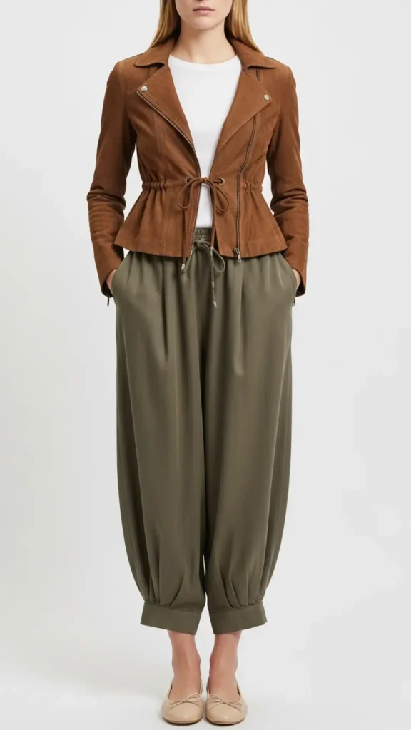 Balloon Pants with Cinched Suede Jacket and Ballet Flats