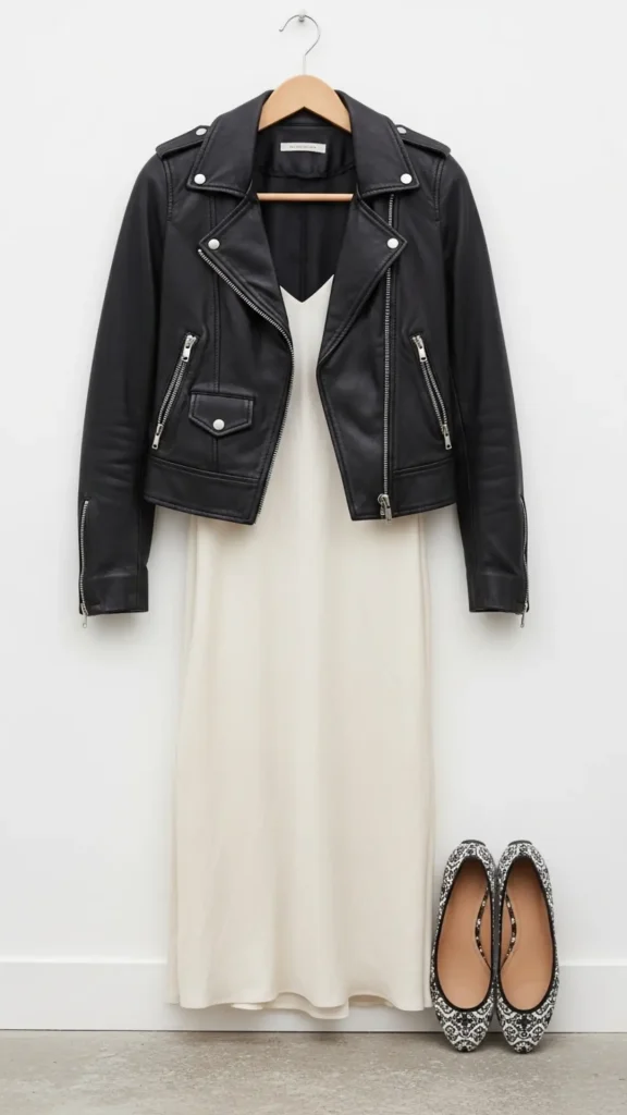 Slip Dress with Moto Jacket and Printed Flats
