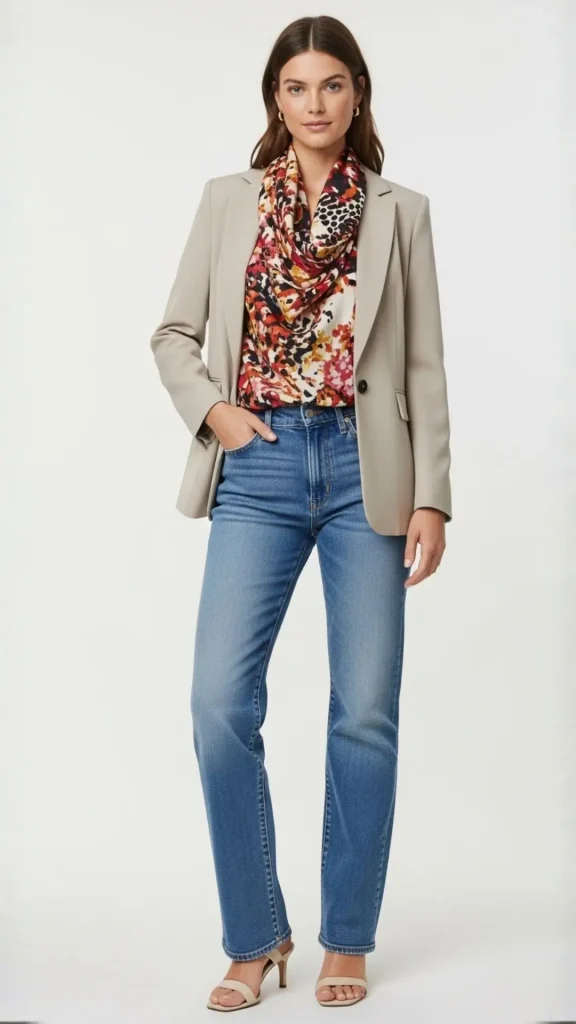 Scarf Top with Tailored Jacket and Straight-Leg Jeans
