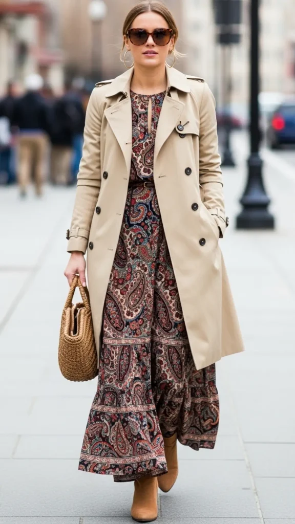 Paisley Maxi Dress with Trench Coat and Sunglasses