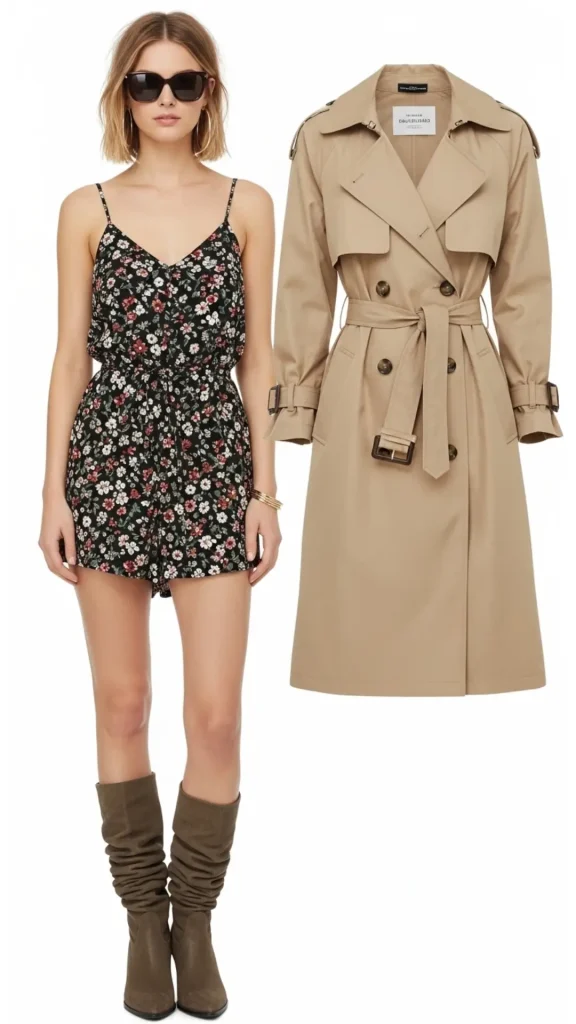 Mini Romper with Slouchy Boots and Belted Trench