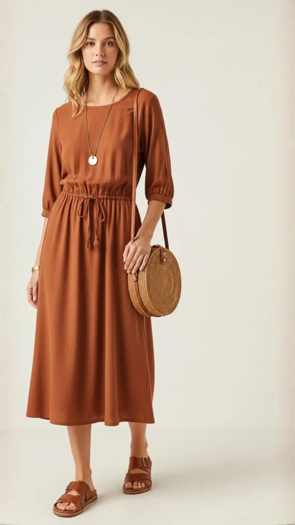 Earthy Tones Midi Dress with Leather Sandals and Rattan Bag