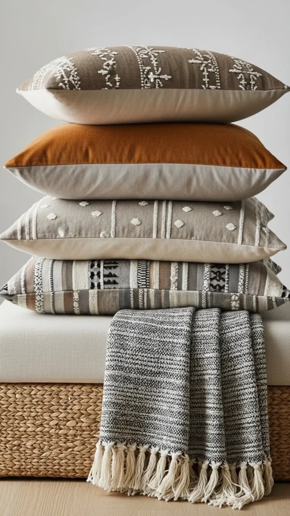 Layered Throw Pillows and Blankets