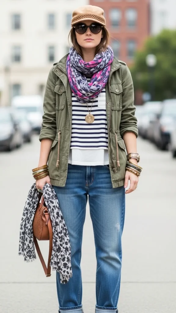 Layered Breton Top, Utility Jacket, Boyfriend Jeans with Scarf and Bangles