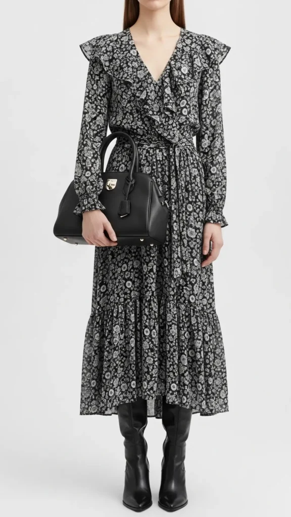 Monochromatic Ruffled Dress with Leather Boots and Handbag