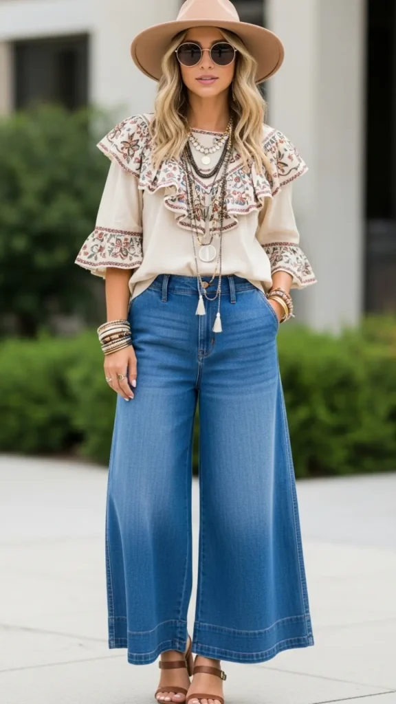 Ruffled Peasant Blouse with Wide-Leg Denim and Layered Jewelry