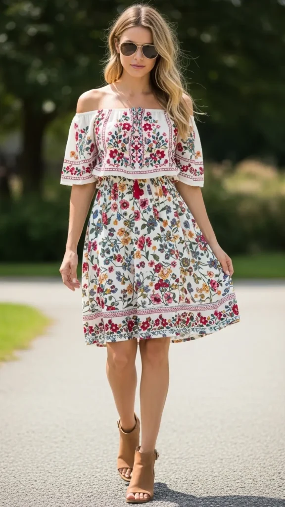 Prairie Floral Dress with Embroidery and Off-Shoulder Style