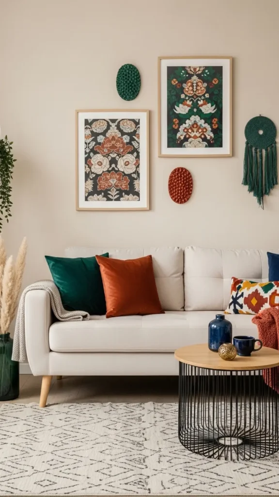 Earthy Neutral Base with Jewel-Tone Pops