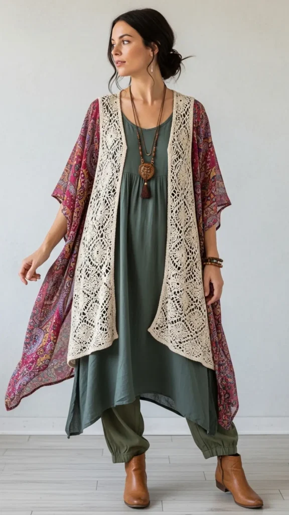 Loose Tunic with Crochet Vest and Kimono