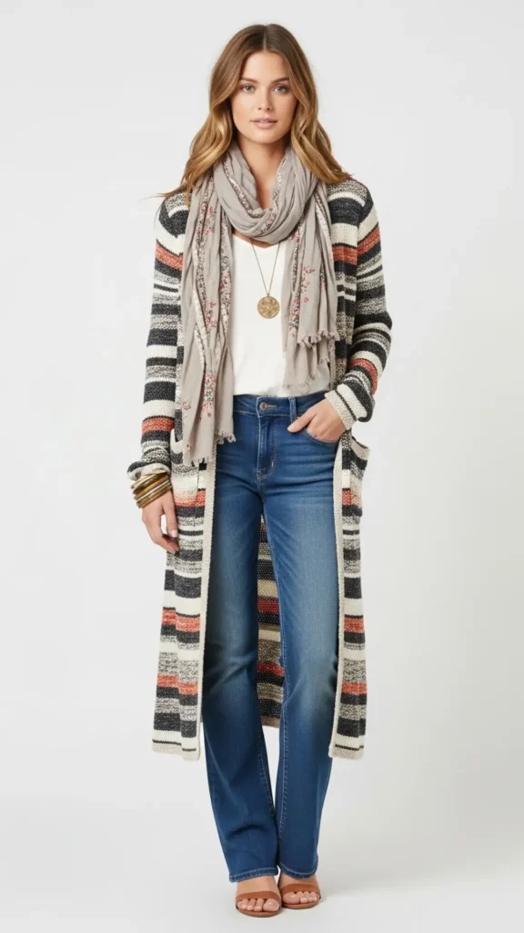 Striped Long Cardigan with Jeans and White Top