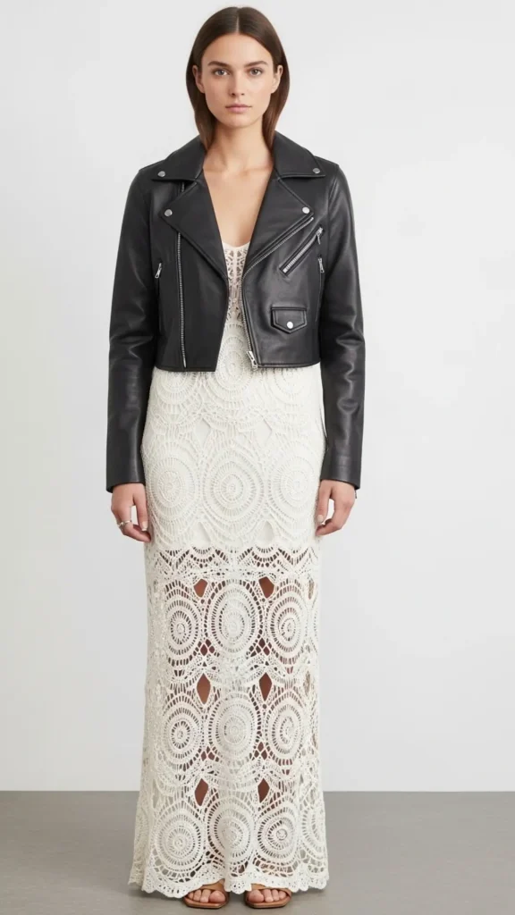 Crochet Gown with Cropped Leather Jacket