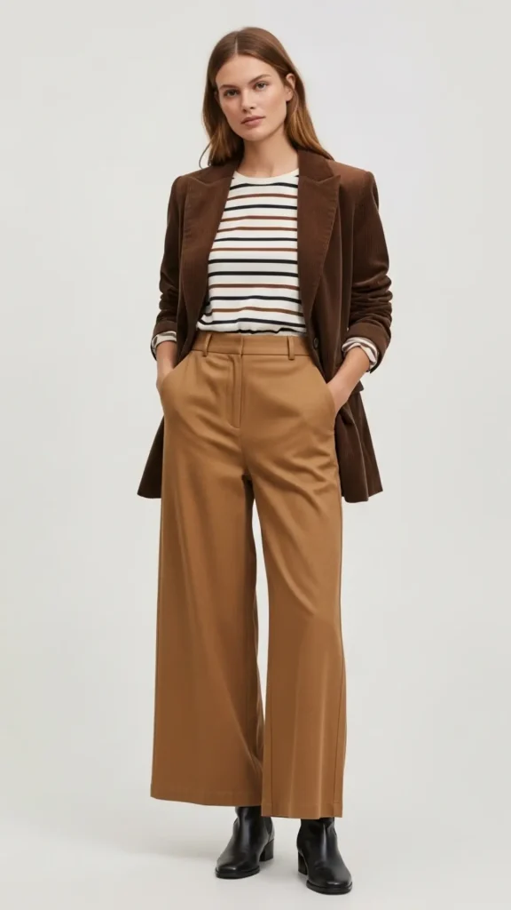 Wide Leg Trousers with Corduroy Blazer and Striped Top