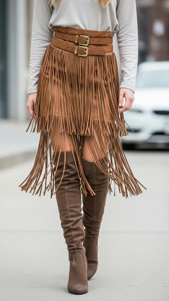 Double Belt over Fringe Skirt and Suede Knee-High Boots