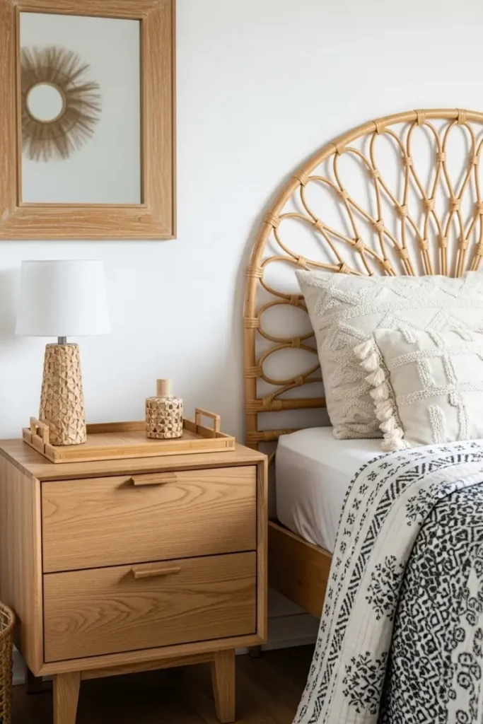 Rattan and Wood in boho bedroom