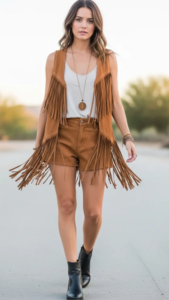 Suede Fringe Vest over Tank and Shorts with Ankle Boots