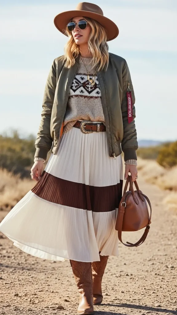 Flowy Accordion Midi Skirt with Sweater, Bomber, and Cowboy Belt