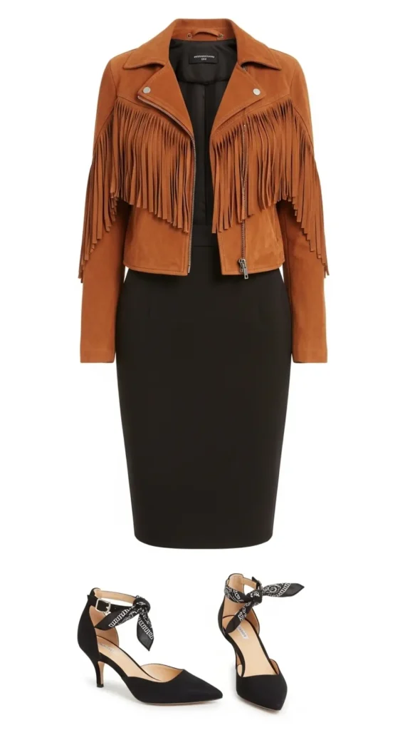 Suede Fringe Jacket with Pencil Skirt, Kitten Heels, and Bandana