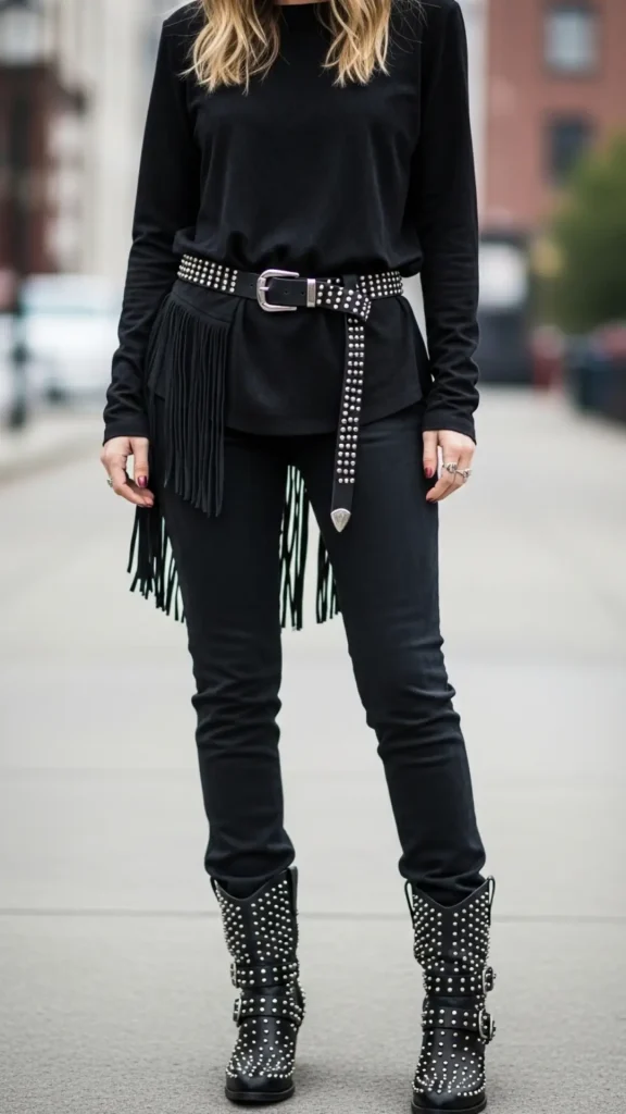 Edgy Suede Outfit with Studded Boots and Fringed Belt