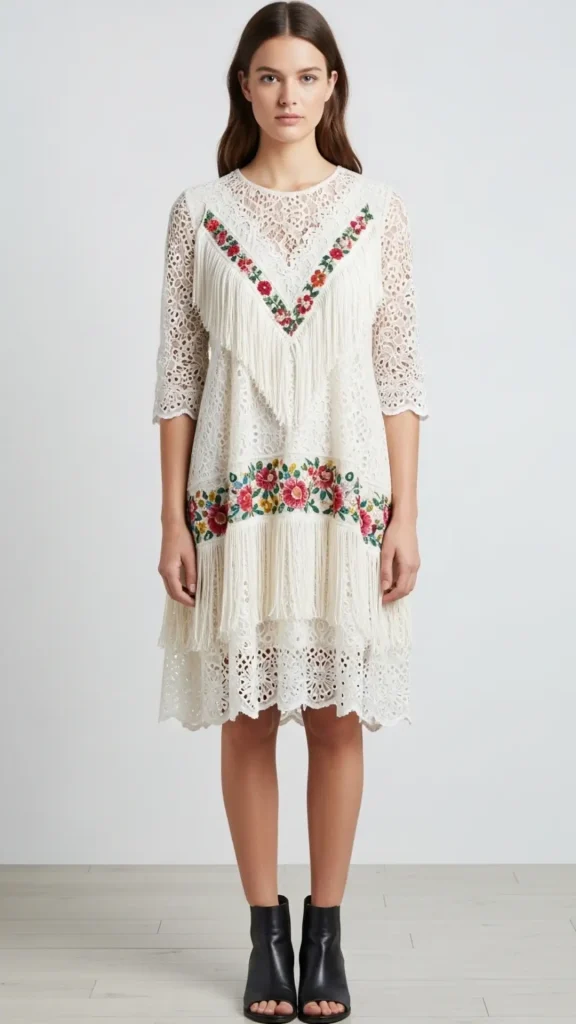 Romantic Lace and Eyelet Dress with Fringe and Florals
