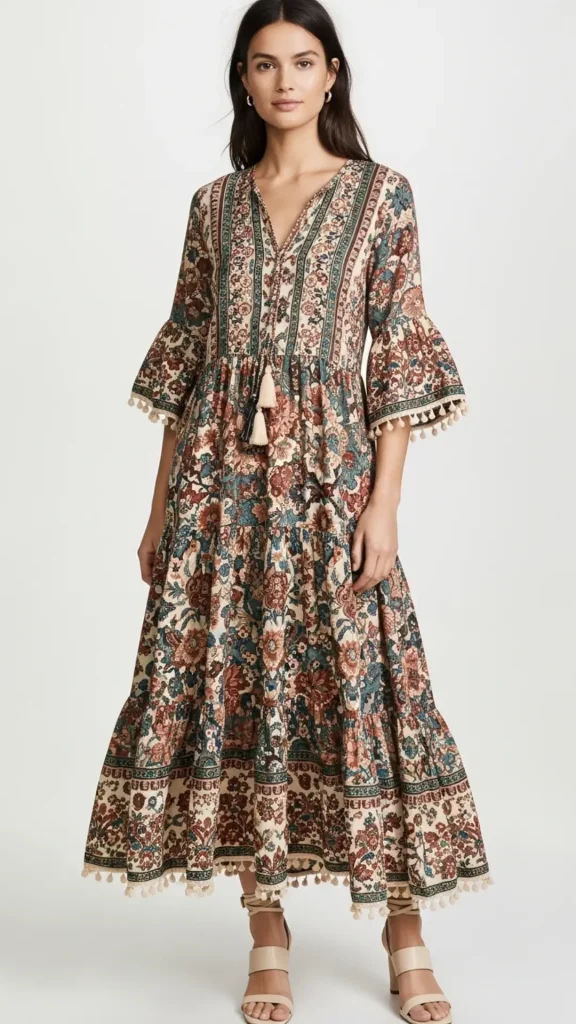 Tiered Dress with Uneven Hem, Billowy Sleeves, and Tassel Trim