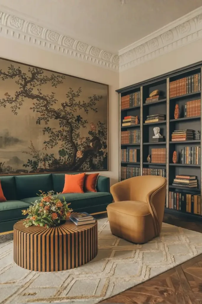 vintage and modern pieces in living room