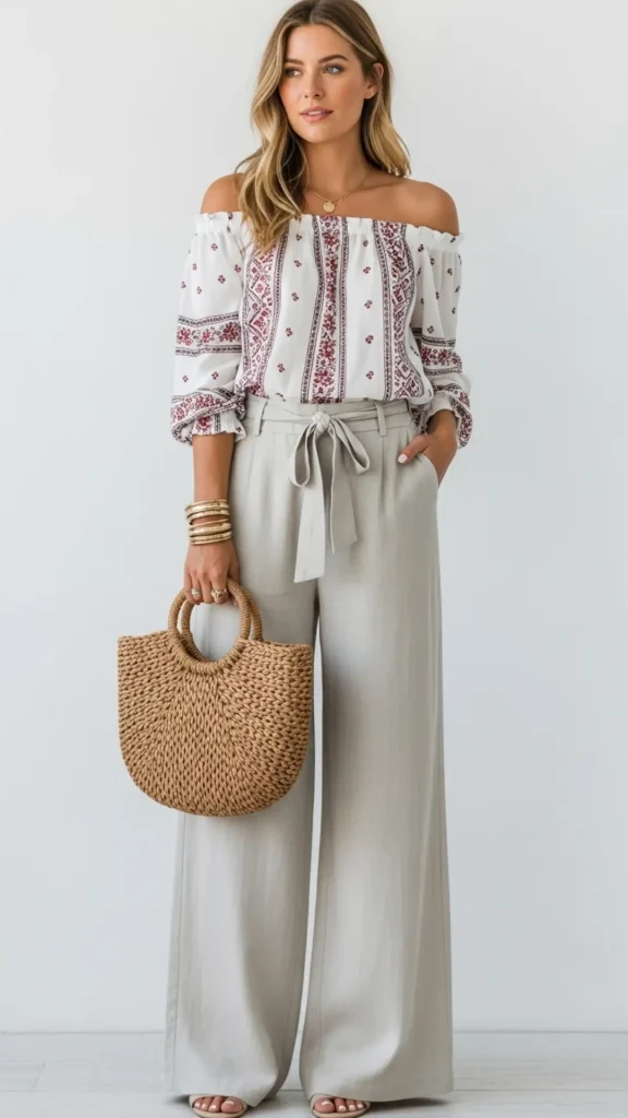 Wide-Leg Linen Pants with Off-Shoulder Blouse and Woven Bag