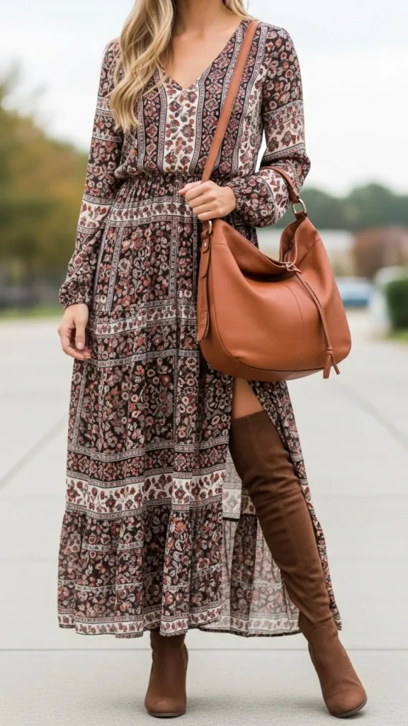Ruffled Maxi Dress with Leather Hobo Bag and Over-the-Knee Boots