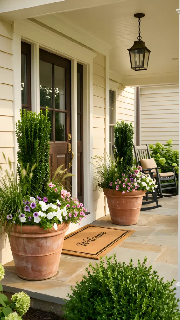 Add Large Potted Plants or Planters Flanking the Door
