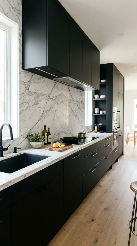 Black Cabinets with Marble Backsplash