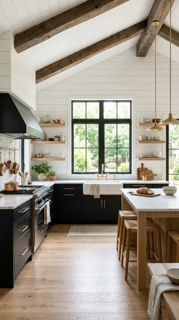 Black Cabinets with Shiplap & Wood Beams