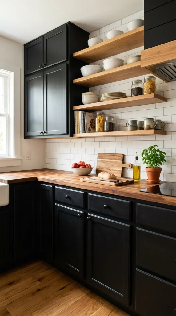 Black with Butcher Block & Open Shelving